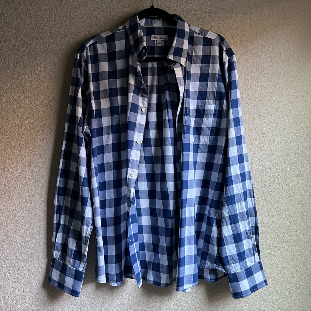 Peter Millar Casual Soft Cotton Sport Shirt in Blue White Gingham Plaid, L